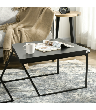 Coffee Table Set of 2, Wood-effect and Black, Steel Frame, 80x60x42 cm