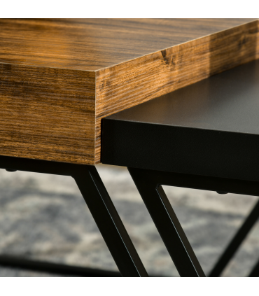 Coffee Table Set of 2, Wood-effect and Black, Steel Frame, 80x60x42 cm