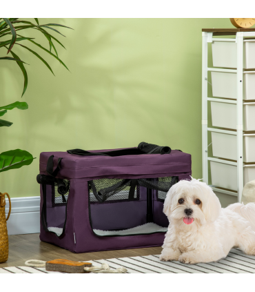 Mesh Purple 48.5cm Foldable Pet Carrier, Cat Bag w/ Cushion, for Miniature Dogs