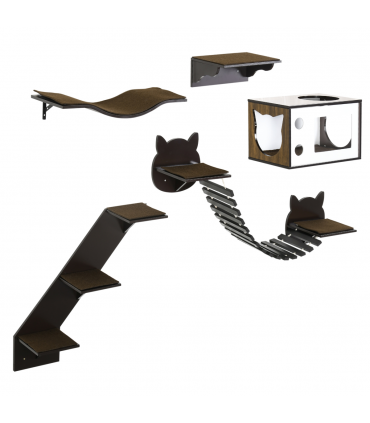 5 Piece Cat Wall Shelves with Curved Platform, Cat House, Bridge, Stairs