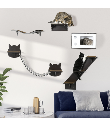 5 Piece Cat Wall Shelves with Curved Platform, Cat House, Bridge, Stairs