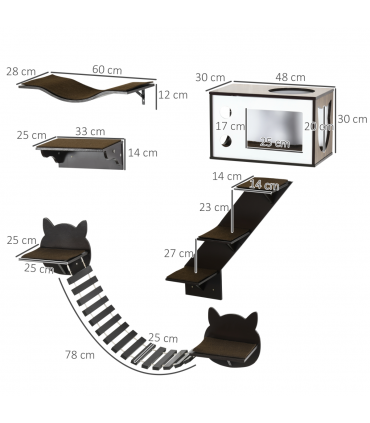 5 Piece Cat Wall Shelves with Curved Platform, Cat House, Bridge, Stairs