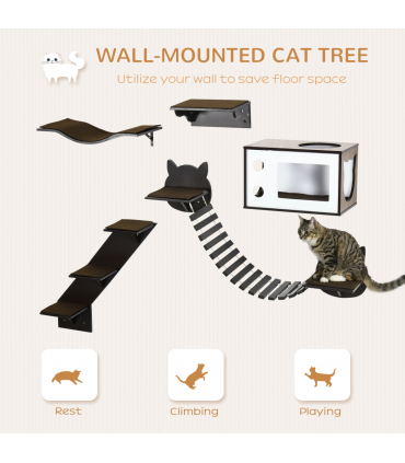 5 Piece Cat Wall Shelves with Curved Platform, Cat House, Bridge, Stairs