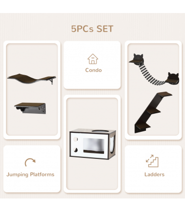 5 Piece Cat Wall Shelves with Curved Platform, Cat House, Bridge, Stairs