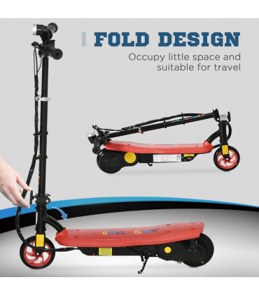 Folding Electric Scooter E-Scooter w/ LED Headlight, for Ages 7-14 Years - Red