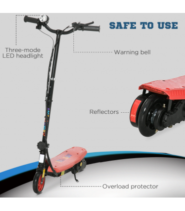 Folding Electric Scooter E-Scooter w/ LED Headlight, for Ages 7-14 Years - Red