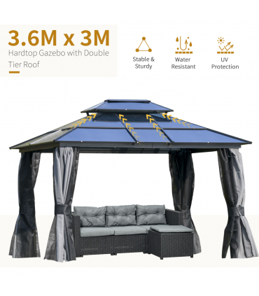 3.6x3m Polycarbonate Hardtop Patio Gazebo Steel Frame Net Sidewalls