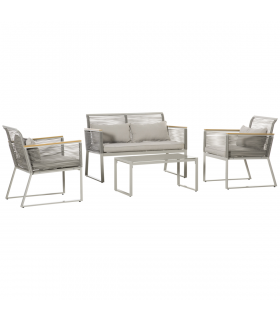 4-Seater Patio Wicker Sofa, Metal Frame PE Rattan Tempered Glass Table Grey