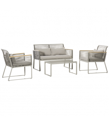 4-Seater Patio Wicker Sofa, Metal Frame PE Rattan Tempered Glass Table Grey