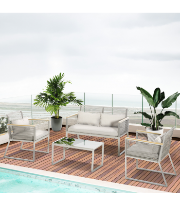 4-Seater Patio Wicker Sofa, Metal Frame PE Rattan Tempered Glass Table Grey