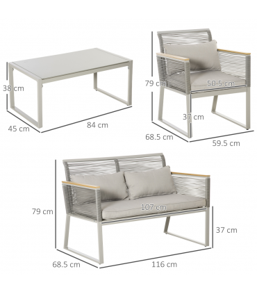 4-Seater Patio Wicker Sofa, Metal Frame PE Rattan Tempered Glass Table Grey