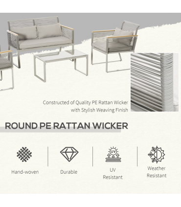 4-Seater Patio Wicker Sofa, Metal Frame PE Rattan Tempered Glass Table Grey