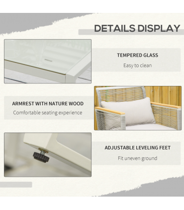 4-Seater Patio Wicker Sofa, Metal Frame PE Rattan Tempered Glass Table Grey