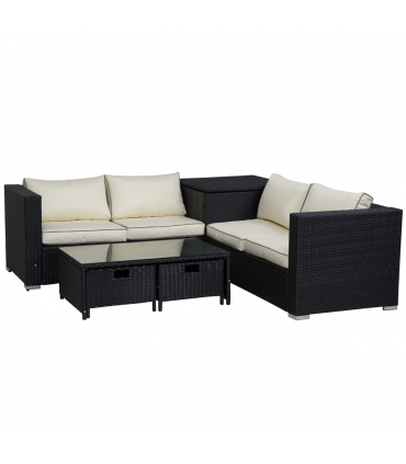 4-Seater Rattan Wicker Garden Patio Sofa Storage & Table Set Black