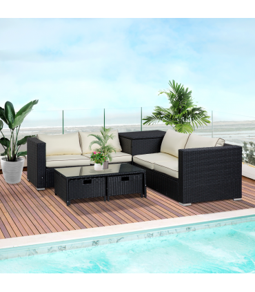 4-Seater Rattan Wicker Garden Patio Sofa Storage & Table Set Black