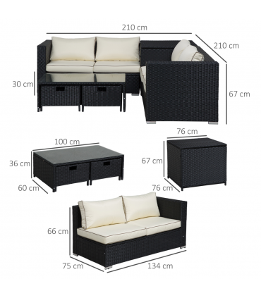 4-Seater Rattan Wicker Garden Patio Sofa Storage & Table Set Black