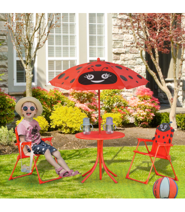 Kids Folding Picnic Table Chair Set Ladybug Pattern Outdoor