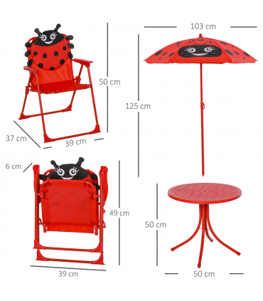 Kids Folding Picnic Table Chair Set Ladybug Pattern Outdoor