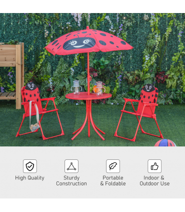 Kids Folding Picnic Table Chair Set Ladybug Pattern Outdoor