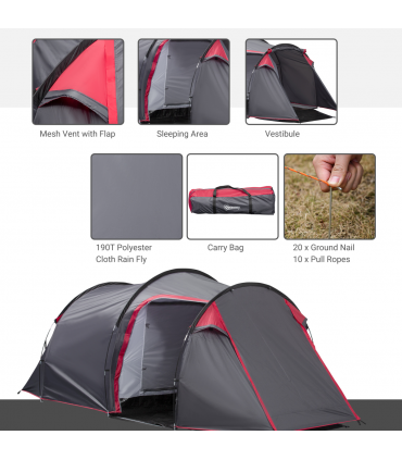 3 Man Camping Tent w/ 2 Rooms Porch Vents Rainfly Weather-Resistant Outsunny