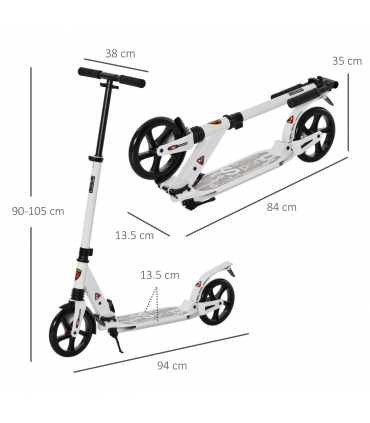 Kick Scooter Folding 2 Big Wheels Adjustable  Adult Teens For 14 White HOMCOM