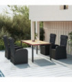 5 Piece Garden Dining Set Black Poly Rattan&Solid Wood Acacia