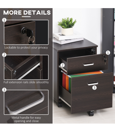 2-Drawer Locking Office Filing Cabinet 5 Wheels Rolling Storage Brown Vinsetto