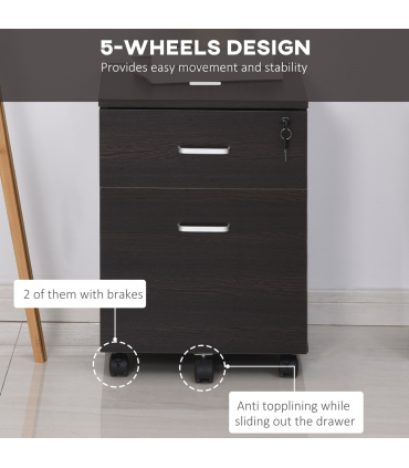 2-Drawer Locking Office Filing Cabinet 5 Wheels Rolling Storage Brown Vinsetto