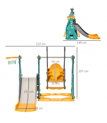 Swing and Slide Set Multi-colored PE 20.50 cm 3-IN-1 Kids with Basketball Hoop