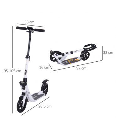 HOMCOM Folding Kick Scooter Teens Adult Ride On Adjustable 2 Big Wheels White