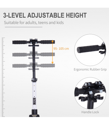 HOMCOM Folding Kick Scooter Teens Adult Ride On Adjustable 2 Big Wheels White