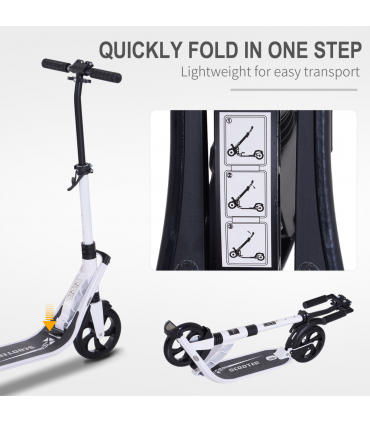 HOMCOM Folding Kick Scooter Teens Adult Ride On Adjustable 2 Big Wheels White