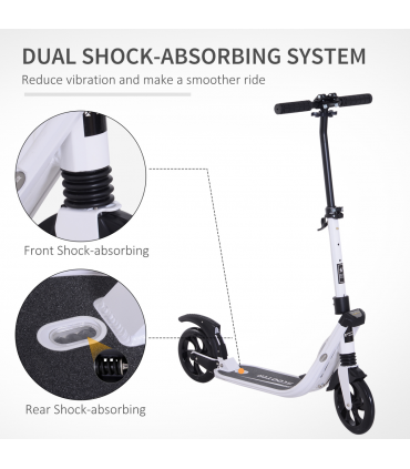 HOMCOM Folding Kick Scooter Teens Adult Ride On Adjustable 2 Big Wheels White