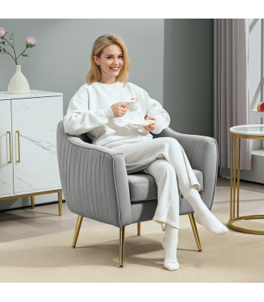 HOMCOM Velvet-Look Shell Shaped Chair with Thick Padded Seat, Grey