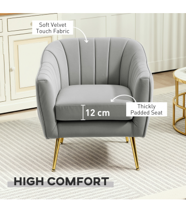 HOMCOM Velvet-Look Shell Shaped Chair with Thick Padded Seat, Grey