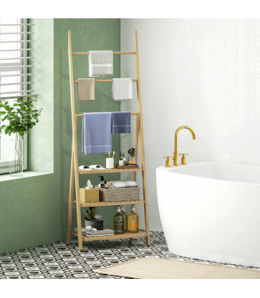 HOMCOM 3-Tier Folding Bamboo Bathroom Storage Shelving Unit with Towel Bars