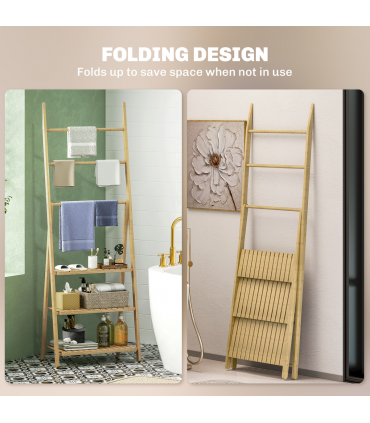 HOMCOM 3-Tier Folding Bamboo Bathroom Storage Shelving Unit with Towel Bars