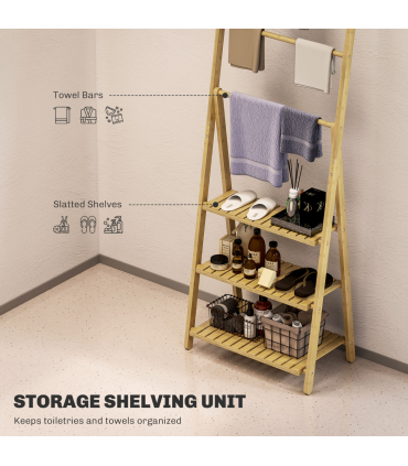 HOMCOM 3-Tier Folding Bamboo Bathroom Storage Shelving Unit with Towel Bars