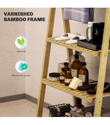 HOMCOM 3-Tier Folding Bamboo Bathroom Storage Shelving Unit with Towel Bars