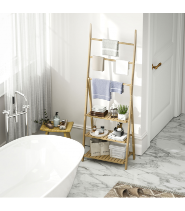 HOMCOM 3-Tier Folding Bamboo Bathroom Storage Shelving Unit with Towel Bars