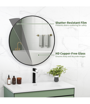 HOMCOM Round Bathroom Mirror, Modern Wall Mirror with Steel Frame, Black