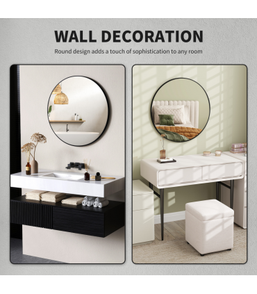 HOMCOM Round Bathroom Mirror, Modern Wall Mirror with Steel Frame, Black