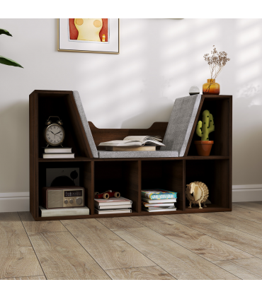 HOMCOM Cube Bookshelf Organizer with Reading Seat, Six Cubes, Chestnut