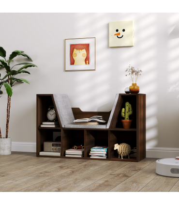 HOMCOM Cube Bookshelf Organizer with Reading Seat, Six Cubes, Chestnut