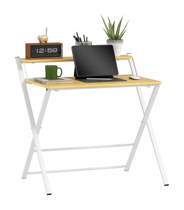 HOMCOM Folding Desk with 2-Tier Shelf for Home Office, Maple Wood-effect