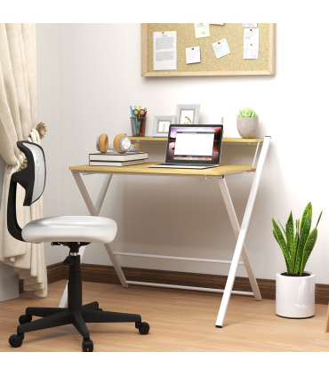 HOMCOM Folding Desk with 2-Tier Shelf for Home Office, Maple Wood-effect