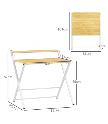 HOMCOM Folding Desk with 2-Tier Shelf for Home Office, Maple Wood-effect