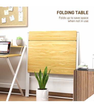 HOMCOM Folding Desk with 2-Tier Shelf for Home Office, Maple Wood-effect