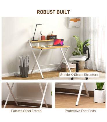 HOMCOM Folding Desk with 2-Tier Shelf for Home Office, Maple Wood-effect