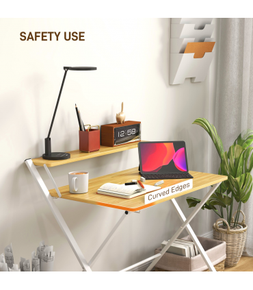 HOMCOM Folding Desk with 2-Tier Shelf for Home Office, Maple Wood-effect